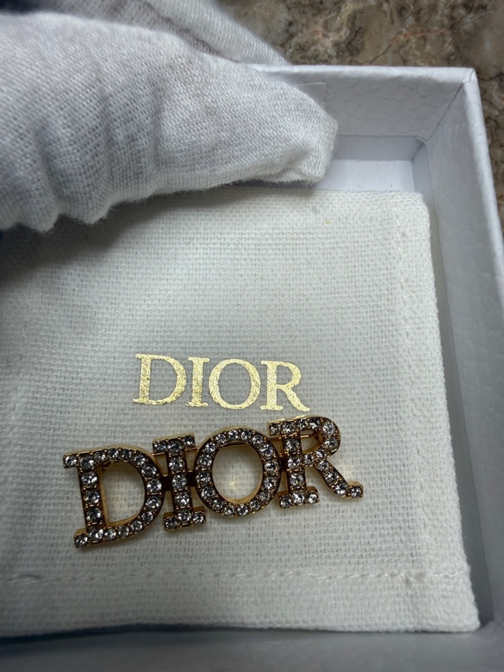 Dior Gold Logo Pin with Clear Crystals